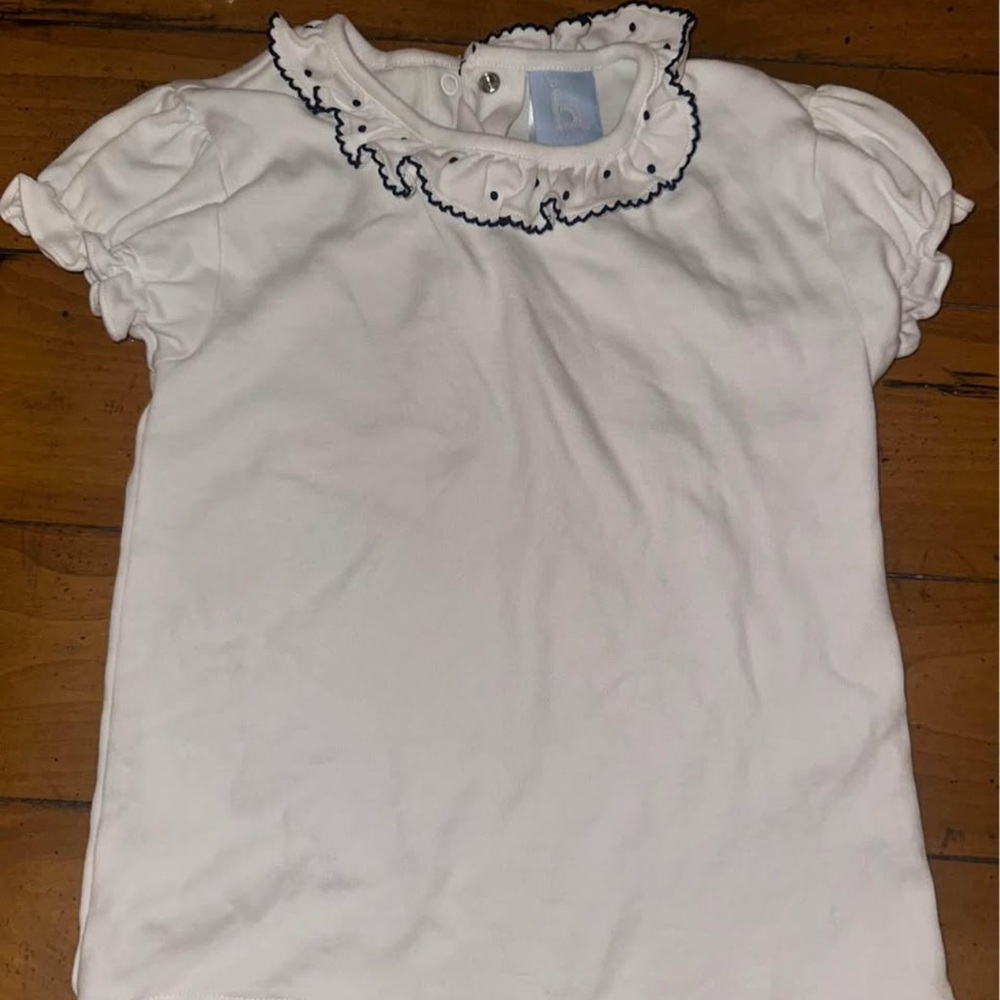 Bella Bliss Girls White Ruffled top with scalloped collar - Navy stitching SZ 5